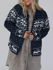 2025 جاكيت كاردجان خارجي للنساء من خليط الصوف بياقة عالية وأكمام طويلة وسحاب أمامي، بنمط معاصر ملون بتصميم معقد لأشكال الغزلان والمربعات، مناسب للخريف والشتاء