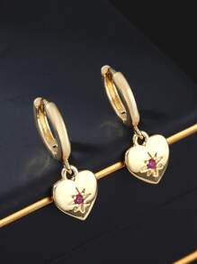 1 Pair Elegant & Fashionable Copper Micro-Inlaid Pink Cubic Zirconia Heart Pendant Earrings, Versatile Sweet Gift For Women, Valentine's Day