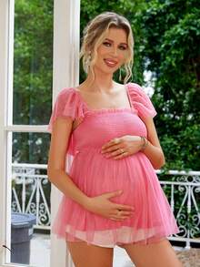 Joyfunear Maternity Ruched Hem Square Neck Blouse, Summer - Pink - View 2