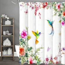 1pc Hummingbird And Flowers Shower Curtain Featuring Colorful Hummingbirds And Hibiscus Flowers In A Nature-Inspired Watercolor Design Bathroom Decor Polyester Fabric With 12 Hooks