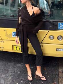 女士街头休闲简约落肩系带开衫，长袖上衣，复古富贵风格商务休闲女装工作服，宽松休闲开衫，百搭秋季女装，圣诞新年必备 - 酒紅色 - 查看 5