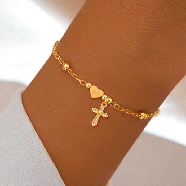 1 pieza Nuevo brazalete de acero inoxidable chapado en oro con cruz de circonita cúbica y cuentas clásicas con inicial para mujeres