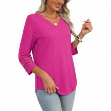 XIEERDUO 3/4 Length Sleeve Womens Tops Dressy Casual Blouses For Women 2025  V Neck T Shirts Summer Clothes - 玫紅色 - 查看 4