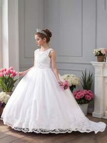 Tween Girls Bow Decor Mesh Backless Long Formal Dress, Elegant Luxurious Gown Suitable For Stage Show, Excluding Headband