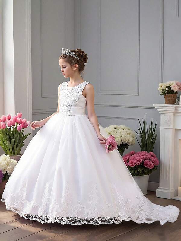 Tween Girls' Bow Decor Mesh Long Backless Dress, Elegant & Formal Gown For Stage Performance, Excluding Hair Accessory