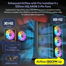 Micro ATX Case, 4 * 120mm ARGB Non-PWM Case Fans Pre-Installed, MATX PC Case, Temper Glass Side Panel, With Type-C, Black, Cypress 3 ARGB - 彩色 - 查看 5