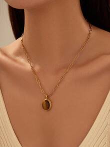 1 件不锈钢金黄色法式复古风格棕色琥珀绿松石宝石项链，适合女性派对日常佩戴或送礼 - 金黃色 - 查看 3