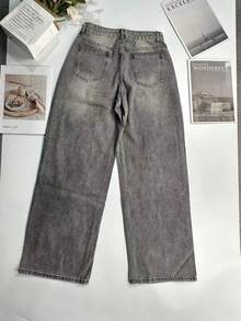 女士度假风 Y2K 水洗做旧阔腿牛仔裤，休闲春季款 - 淺灰色 - 查看 10