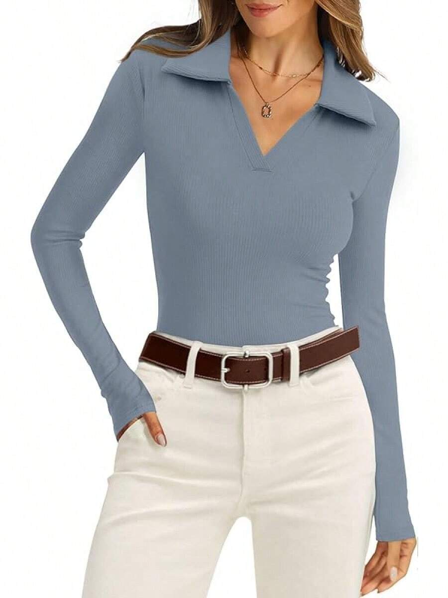 WIHOLL Womens Polo Shirts Long Sleeve Business Casual Tops Collared V Neck Ribbed Knit Sweater Slim Fit Blouses Halloween Christmas New Year - Màu xanh bụi bặm - Xem 1