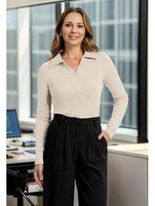 WIHOLL Womens Polo Shirts Long Sleeve Business Casual Tops Collared V Neck Ribbed Knit Sweater Slim Fit Blouses Halloween Christmas New Year - 杏色 - 查看 2
