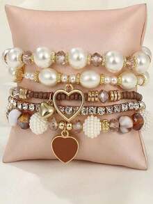 5pcs Pearl & Beaded Bracelets, Fashion Multilayer Wrist Bracelet Set Women - Multicolor - View 3