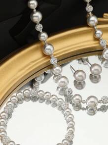 1 Set Silver Bright Pearl Zirconia Ball Necklace + 1 Pearl Bracelet + 1 Ring, High Quality Jewelry Gift Set, Suitable For Special Occasions
