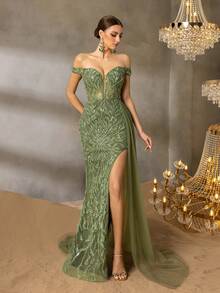 Faeriesty 高级奢华亮片串珠露肩鱼尾晚礼服 - 植物纹理和叶状串珠图案，高开衩设计搭配薄纱罩层，交叉露背设计，适合奢华派对、正式晚宴、红毯盛会等场合，尽显优雅气质。 - 橄欖綠 - 查看 1