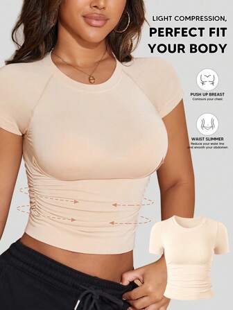 1件女士褶皱胸衣，竹纤维短袖修身塑形上衣，显瘦透气舒适T恤