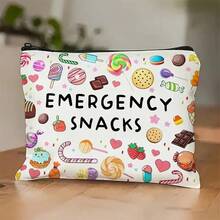 1 pieza, Bolsa de cosméticos con estampado de patrón de "BOCADILLOS DE EMERGENCIA" de dibujos animados - con cremallera, estilo universitario con patrón de galletas de caramelo, bolsa reutilizable para medicamentos para viajes y cosméticos - adecuada para la escuela, decoración del hogar, almacenamiento de joyas, estuche para lápices, bolsa para bocadillos, monedero, uso diario, cumpleaños, maestro, regreso a la escuela, ceremonia de graduación, Acción de Gracias, Navidad, regalo de vacaciones de verano, artículos escolares, bolsa de viaje para mujeres, bolsa de maquillaje para viajes