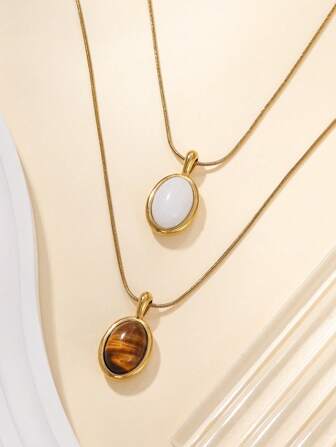 1pc Stainless Steel Oval Pendant Necklace, Inlaid With Tiger's Eye & White Gems, Color Selection Available, Suitable For Women's Daily Decoration Or Gifting