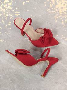 Giày cao gót mũi nhọn thắt nơ cho nữ, giày dự tiệc thanh lịch quai mắt cá chân màu đỏ tía, thoải mái và đa năng với kiểu dáng ôm vừa vặn - Đỏ - Xem 6