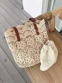 优雅的花卉蕾丝手提包和小号抽绳化妆包，旅行沙滩包，可爱的钱包，别致的单肩和腕部手提包，带磁扣，复杂的编织设计，可折叠设计，涤纶，非常适合购物、旅行、海滩和日常工作、通勤、购物