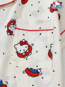 官方授权 2 件套女士迷你圆点 Sanrio Hello Kitty Polo 领短袖纽扣口袋上衣和蝴蝶结裤睡衣、家居服、春夏