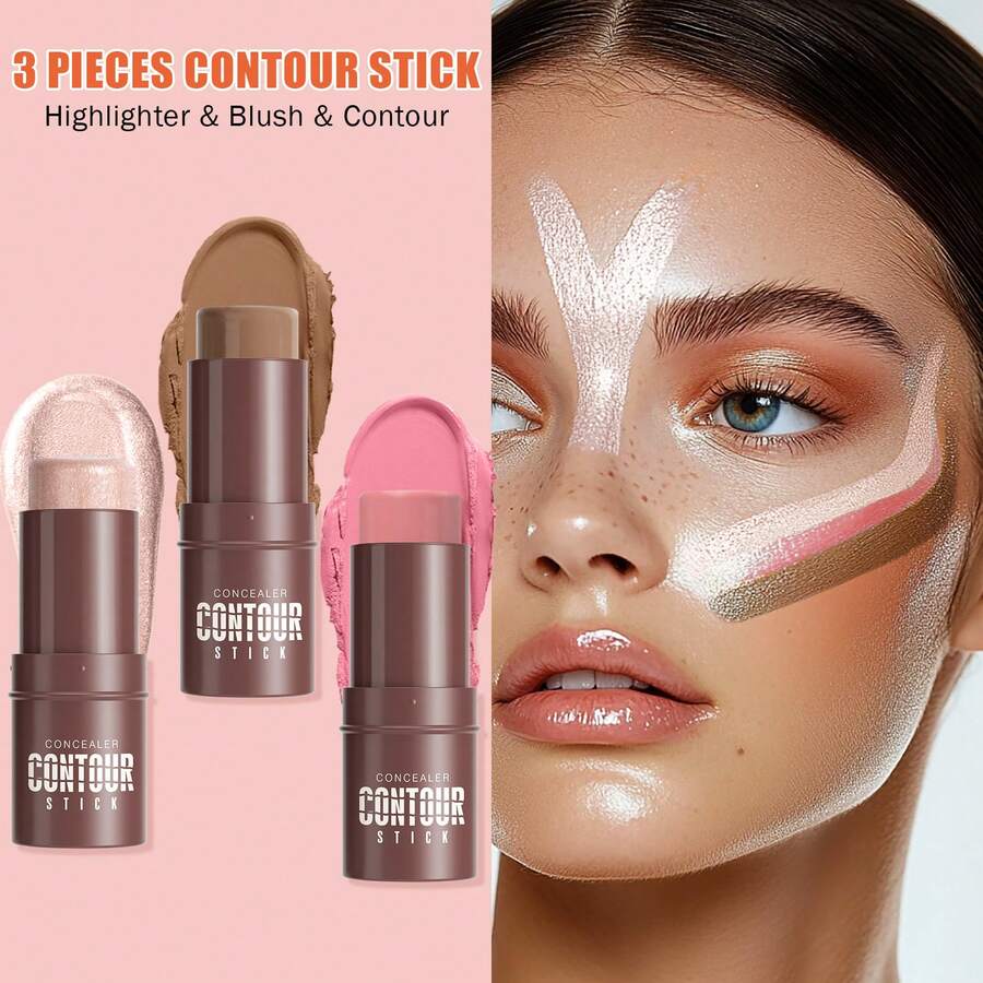 HelloKiss 3pcs/Set Face Contour Highlighter & Blush Stick, Multi-Functional Highlighter & Blush Cream, Concealer Pencil, Non-Greasy, Waterproof & Long-Lasting, Sculpt Facial Contour, Suitable For Beginners, All Skin Tones, Spring, Autumn, Winter, Festivals, Daily Commute - 多色套裝 - 查看 1