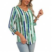 XIEERDUO 3/4 Length Sleeve Womens Tops Dressy Casual Blouses For Women 2025  V Neck T Shirts Summer Clothes - Z 綠色格子 - 查看 4