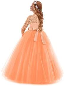 Flower Vintage Floral Lace 3/4 Sleeves Floor Length Dress Wedding Party Evening Formal Pegeant Dance Gown - Quả cam - Xem 2