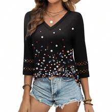 XIEERDUO 3/4 Length Sleeve Womens Tops Dressy Casual Blouses For Women 2025  V Neck T Shirts Summer Clothes - Z 黑色印花 - 查看 3