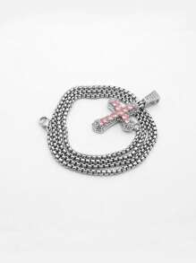 1pc Full Rhinestone Crucifix Pendant Necklace, Stainless Steel Cubic Zirconia Long Chain Sweater Necklace