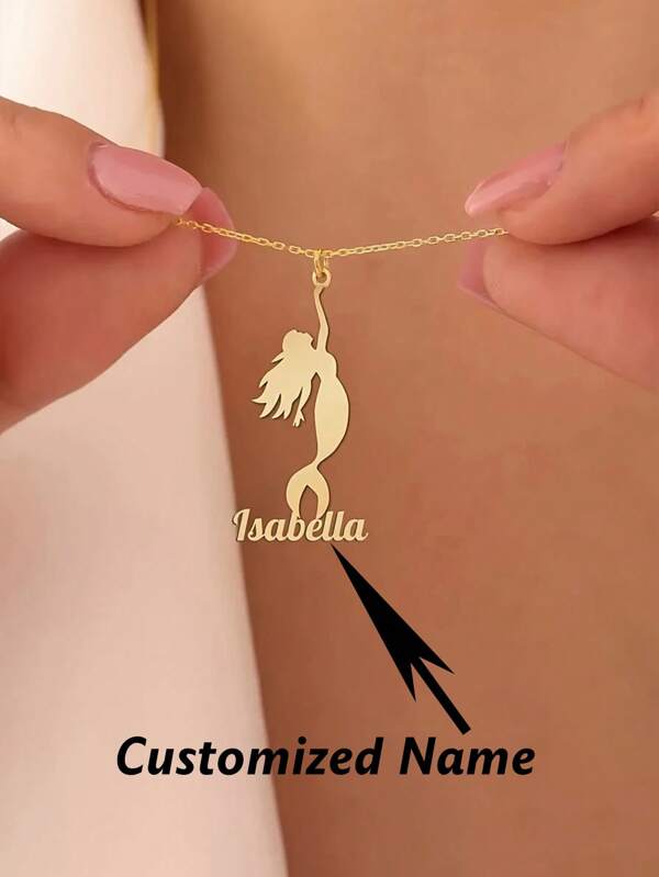 Customizable "Isabella" Mermaid Name Necklace - Elegant 304 Stainless Steel Pendant With Detailed Proportions And Tail Design, Personalized Gift, Perfect For Mother's Day Or Casual Wear, Bohemian Style Jewelry,