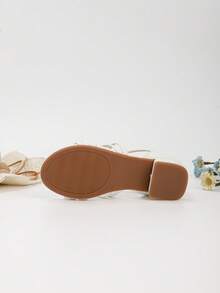 1 双夏季新款时尚高跟公主凉鞋，适合小女孩，学生舞蹈表演鞋，花朵和珍珠装饰罗马高跟鞋，适合婚礼、派对、日常穿着 - 白色 - 查看 7