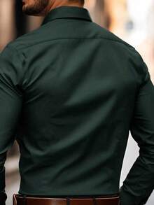 Men's Spring Summer Solid Color Casual Business Long Sleeve Shirt - 墨綠色 - 查看 2