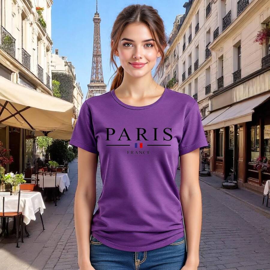 Playera para Mujer con Estampado Paris Francia Estilo Casual y Moderno - Morado - Ver 1