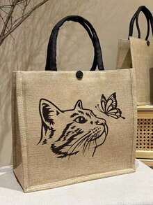猫咪蝴蝶主题手提包套装：女士手提包和化妆包，包括一个亚麻卡通猫咪图案手提包和一个小包/零钱包，印有猫咪和蝴蝶图案，可作沙滩手提包、时尚大容量化妆包、旅行化妆包、纯色拉链包，适合上学、大学、通勤、生日等场合。
