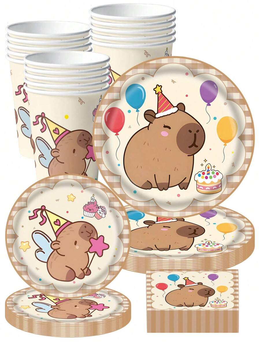 可爱水豚派对一次性餐具套装 - 10 件 9/7 英寸盘子、9 盎司杯子和餐巾，适用于生日、儿童派对、迎婴派对和野餐装饰 - 多色2 - 查看 1