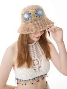 Women's Summer Handmade Woven Flower Hat, Beach Sun Hat, Fashion Patchwork Straw Hat - Flower Straw Hat - View 23