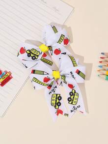 2 件装学生返校发饰 Apple Pencil 校车字母图案蝴蝶结发夹白色黑色罗缎丝带蝴蝶结鳄鱼夹可爱 Apple Pencil 校车字母印花蝴蝶结发夹可爱返校蝴蝶结发夹适合开学第一天女士发饰、扁平爪夹、发夹、发夹 - 彩色 - 查看 13