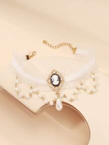 1 件巴洛克风格颈链套装，带浮雕吊坠和珍珠，女士时尚珠宝颈链、珍珠颈链、复古珠宝、哥特式配饰 - 彩色 - 查看 7