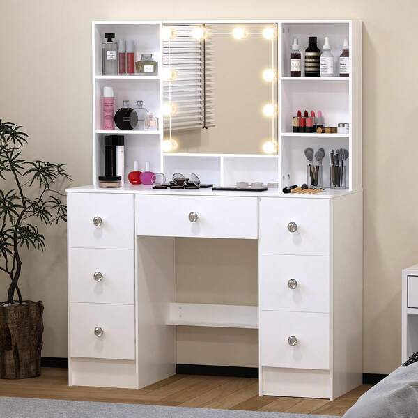 INS Style Cream White Scandinavian Luxurious Solid Wood LED Make-Up Mirror Table | One Piece Workstation + Large Drawer Storage | Girly Princess Make-Up Area | In Stock | Fast Delivery