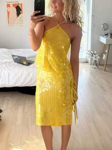 Women's Y2K Summer Coin Sequin Midi Skirt Low Rise Side Split Tie Up Pencil Skirt Sparkly Midi Length Party Skirts Clubwear Streetwear - 黃色 - 查看 2