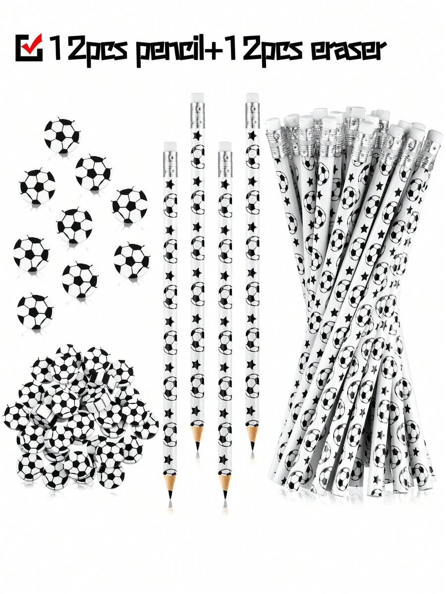 12 支运动铅笔和 12 支运动球橡皮擦趣味木制铅笔带运动橡皮擦适用于运动主题生日派对礼品办公用品（足球）、圣诞节适合儿童学校办公室婴儿礼物婚礼返校 - 白色 - 查看 1
