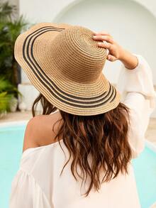 Tropiscape 1 Straw Hat & 1 Straw Bag Vacation Casual Set Beach Autumn Winter Gifts Cottagecore,SummerOutfit - Khaki - View 4