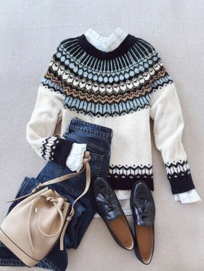 新款女式多色几何图案时尚优雅休闲圆领长袖羊毛套头衫