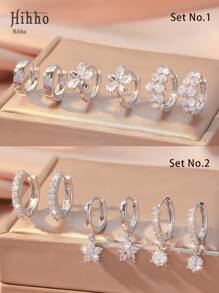 Hihho 6 Peças/Conjunto Elegante Brinco de Flor com Zircônia Cúbica, Acessórios de Joalheria Versáteis e da Moda, Presente para Mulheres