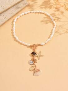 1pc Bohemian Island Style Natural Seashell Beaded Necklace With OT Clasp, Matching Natural Seashell & Starfish, Jewelry For Women, Suitable For Daily Wear, Date, Dinner, Beach Vacation