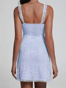 Vestido mini ceñido elegante y de moda con diseño de lazo en los tirantes con volantes y encaje - Morado - Ver 2