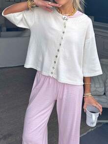 Women Short Sleeve Cardigan Button Down Open Front Knit Crew Neck Sweater Tops Oversized Lightweight Cardigans - 白色 - 查看 3