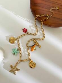 1pc Luxurious Design Minimalist Ocean Theme Glass Ceramic Stainless Steel Sea Star, Seahorse, Shell Multi-Pendant Necklace, Women Jewelry