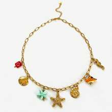 1pc Luxurious Design Minimalist Ocean Theme Glass Ceramic Stainless Steel Sea Star, Seahorse, Shell Multi-Pendant Necklace, Women Jewelry