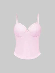 女士夏季Y2K性感奶油黄蕾丝褶皱吊带上衣 - 粉色 - 查看 7