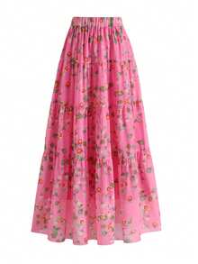 EARO Women's Chiffon Floral Pleated A-Line Skirt, High Waist Loose Flattering Elegant Vacation & Everyday Wear, Spring/Autumn - Pink - View 2